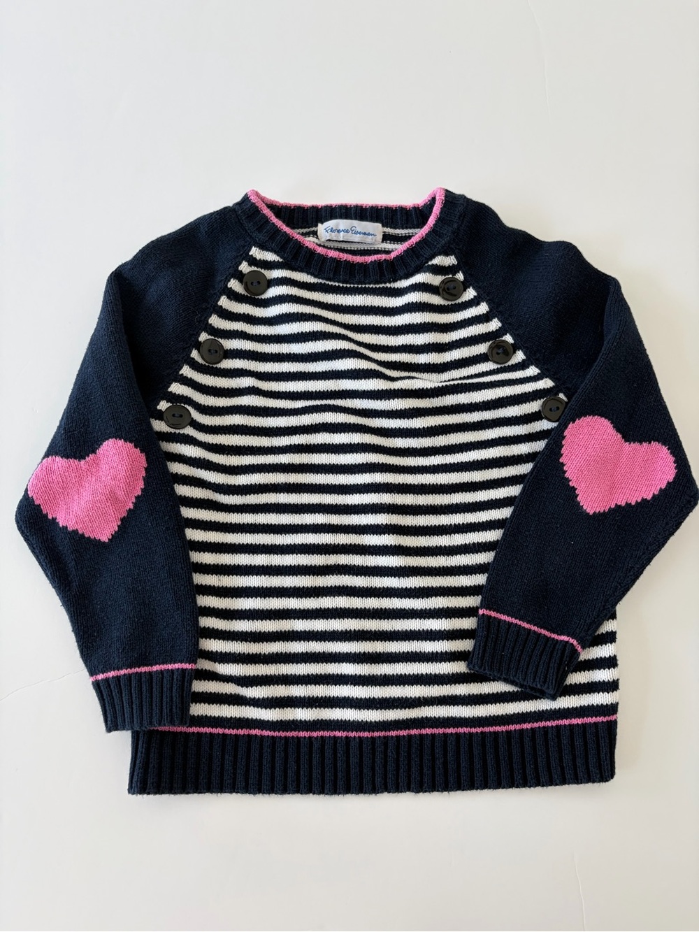Florence Eiseman Girls' White Navy Stripe Sweater With Heart Elbow Patches 4t